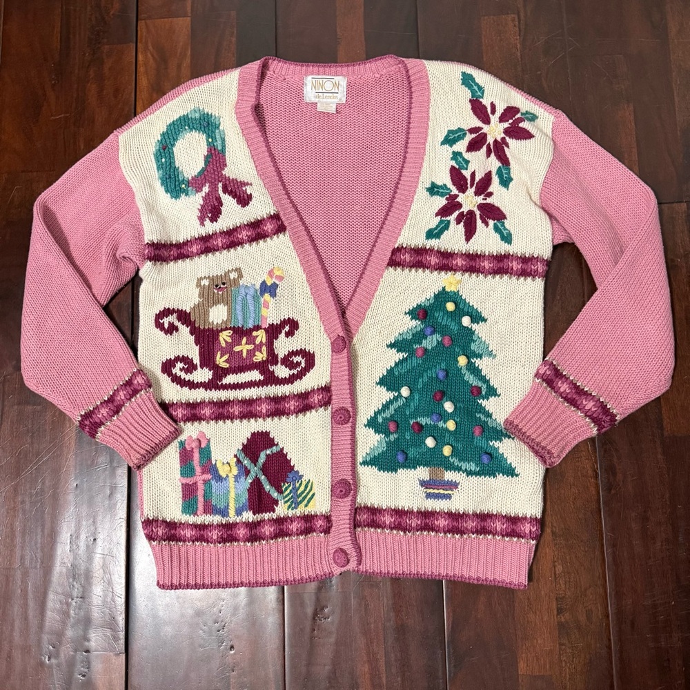 Vintage Ninon De Lenclos Christmas Sweater Size Large Pink Bear Tree